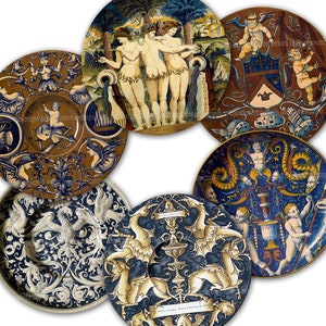 May include: Six decorative ceramic plates with intricate designs. The plates feature a variety of motifs, including mythical creatures, floral patterns, and human figures. The plates are painted in shades of blue, brown, and gold.
