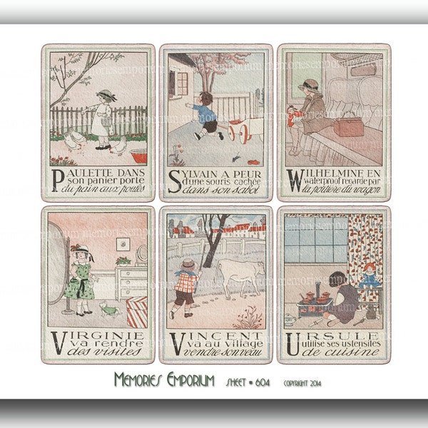 French Alphabet Name Cards School Children Digital Collage Sheet Papers Ecole Enfants Names for Decoupage Vintage Journals Old Retro FN 604