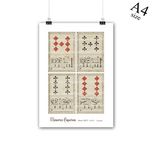 Puede incluir: Una hoja imprimible de cuatro cartas de juego de estilo vintage con notas musicales de fondo. Las cartas muestran los n&uacute;meros 9, 10, J y Q. Los palos son diamantes y tr&eacute;boles. La hoja est&aacute; etiquetada como "Memories Emporium" y "Sheet #B073 6 of 6 Copyright".