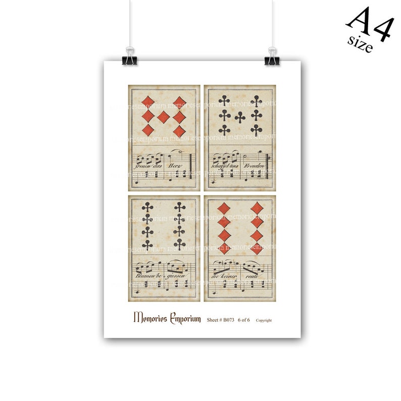 Puede incluir: Una hoja imprimible de cuatro cartas de juego de estilo vintage con notas musicales de fondo. Las cartas muestran los n&uacute;meros 9, 10, J y Q. Los palos son diamantes y tr&eacute;boles. La hoja est&aacute; etiquetada como "Memories Emporium" y "Sheet #B073 6 of 6 Copyright".