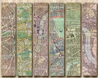 May include: A vintage map of London, England, divided into six vertical sections. The map is printed in shades of brown, green, and blue, with text in black. The map shows the streets, parks, and waterways of London.