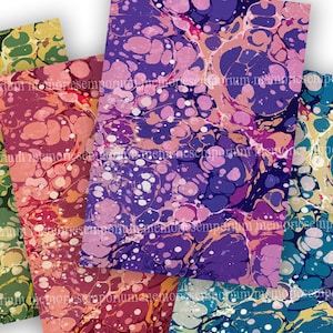 May include: Four different patterned papers with a marbled design in shades of green, red, purple, and blue. The patterns are reminiscent of traditional marbling techniques.
