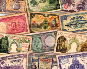 Digital Printable Download Old Asian Banknotes Altered Money Antique Images Journaling Scrapbook Junk Journal Ephemera Decoupage