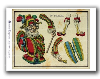 Mr Punch Printable Paper Puppet Polichinelle Marionette Antique Toy Français Clipart Cutout Instant Download 940