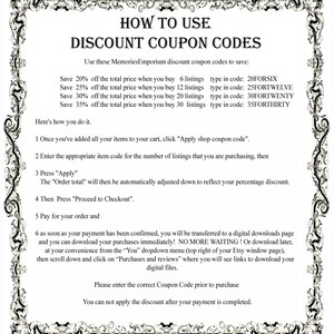 May include: Black and white text on a white background with a decorative black border. The text explains how to use discount coupon codes for purchases on Etsy. The text includes the coupon codes for different purchase amounts.  The text also explains how to apply the coupon code at checkout.