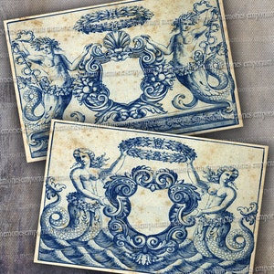 Estampes de sirènes tritons Clip Art numérique papier imprimable téléchargement Vintage carte postale taille gravures Shabby Chic bleu gravures antiques 469