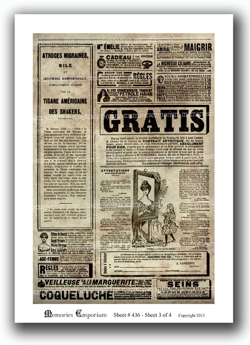 古いフランスの新聞広告、パリの新聞紙、アンティークページ