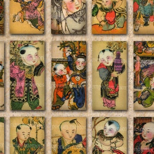 Cinese i bambini antico asiatico Clipart Decoupage carta Domino dimensioni 1 x 2 pollici Digital Collage foglio stampabile Scarica Scrapbook gioielli 029
