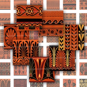 May include: A collage of various terracotta-colored tiles featuring black and orange Greek key and floral patterns. The designs include repeating geometric shapes, stylized leaves, and symmetrical arrangements, evoking a classical aesthetic.