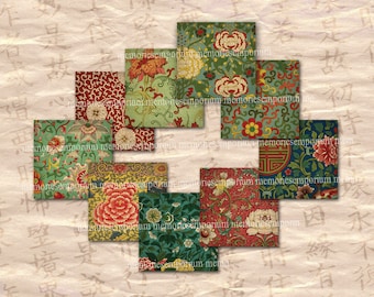 May include: A collage of 12 square patterned fabric swatches in shades of green, red, yellow, and blue. The fabric patterns feature floral designs, Chinese characters, and geometric shapes. The fabric swatches are arranged in a circular pattern.