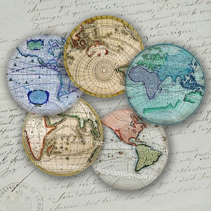 Antike Welt Globus Karten Erde Kontinente Hemisphären Vintage Charts 2 Zoll Kreise Collage Blatt Decoupage Blätter Instant Download 035