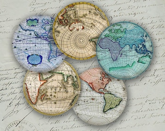 Antique World Globe Maps Earth Continents Hemispheres Vintage Charts 2 inch Circles Collage Sheet Decoupage Sheets Instant Download 035