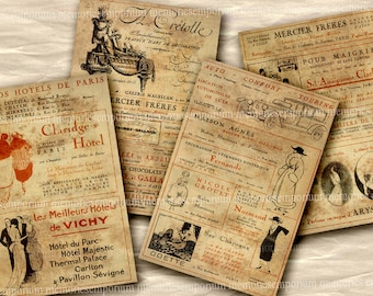 Puede incluir: Anuncios de estilo vintage para hoteles, automóviles y moda en París. Los anuncios presentan ilustraciones de personas, automóviles y edificios. El texto incluye los nombres de hoteles, concesionarios de automóviles y casas de moda.