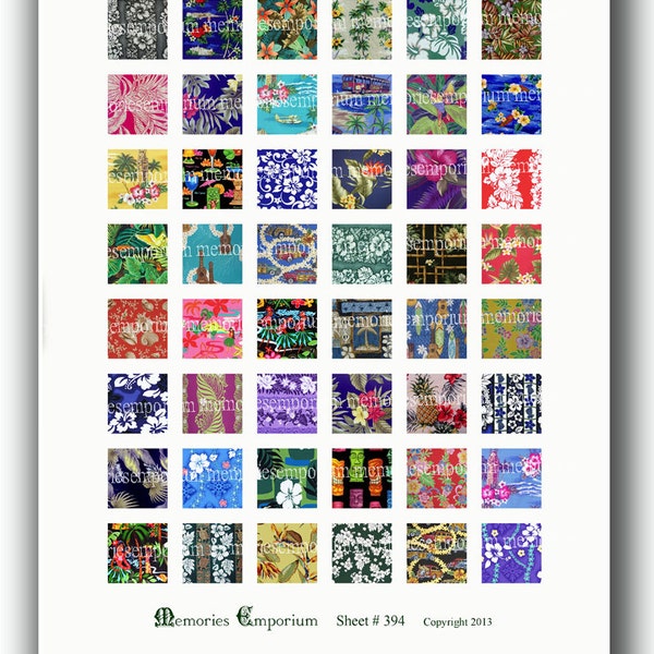 Hawaiian Shirt Fabric Squares 7/8 inches Hawaii Retro Fifties 50s Vintage Patterns for Glass Tiles Jewelry Bezels Digital Collage Sheet 394