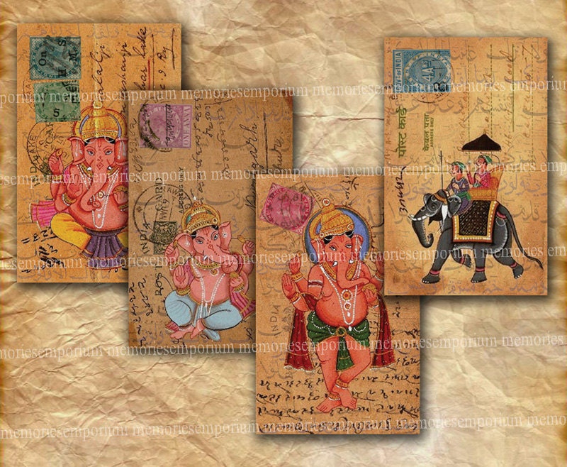 India Old Postcards Stamps Elephants Gods Asia Post Backgrounds Decoupage Journaling Digital Collage Sheet Instant Download Scrapbooking 051