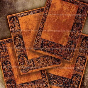 May include: Five antique-style paper frames with black borders and intricate designs. The frames feature images of skeletons and other gothic imagery. The paper is a distressed orange color.