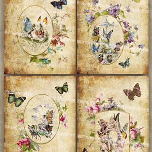 Clipart fée papillon shabby Chic serviettage fleurs antiques arrière-plans papillons Collage numérique feuille imprimable téléchargement immédiat 008
