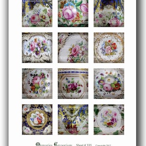 May include: A sheet of 12 vintage floral designs printed on paper. The designs are in a variety of colors, including pink, blue, green, and gold. The designs are all different, but they all feature flowers and leaves. The sheet is titled "Memories Emporium Sheet # 335 Copyright 2012".