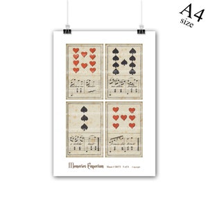 Puede incluir: Una hoja imprimible de cuatro cartas de juego de estilo vintage. Las cartas son en negro y rojo y presentan corazones y picas. Las cartas est&aacute;n dispuestas sobre un fondo de partitura musical. El texto en la hoja dice "Memories Emporium Sheet # B073 5 of 6 Copyright"