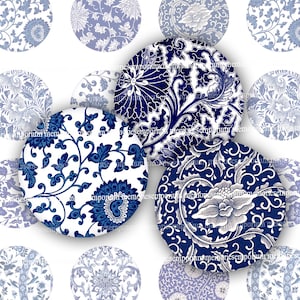 Círculos azules y blancos, descarga digital asiática, imágenes prediseñadas imprimibles, diseños de patrones florales chinos para imanes, pomos y decoupage. Dos unidades de 2 pulgadas (804).