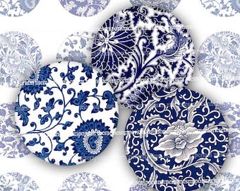 Blaue und weiße Kreise asiatischen digitaler Download druckbare Grafik chinesische Blumenmuster Designs für Magnete Knöpfe Decoupage zwei 2-Zoll-804