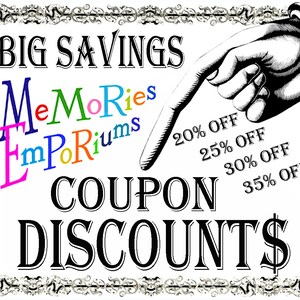 May include: A black and white illustration of a hand pointing to a coupon with the text "BIG SAVINGS" and "COUPON DISCOUNTS$". The coupon offers discounts of 20%, 25%, 30%, and 35% off.