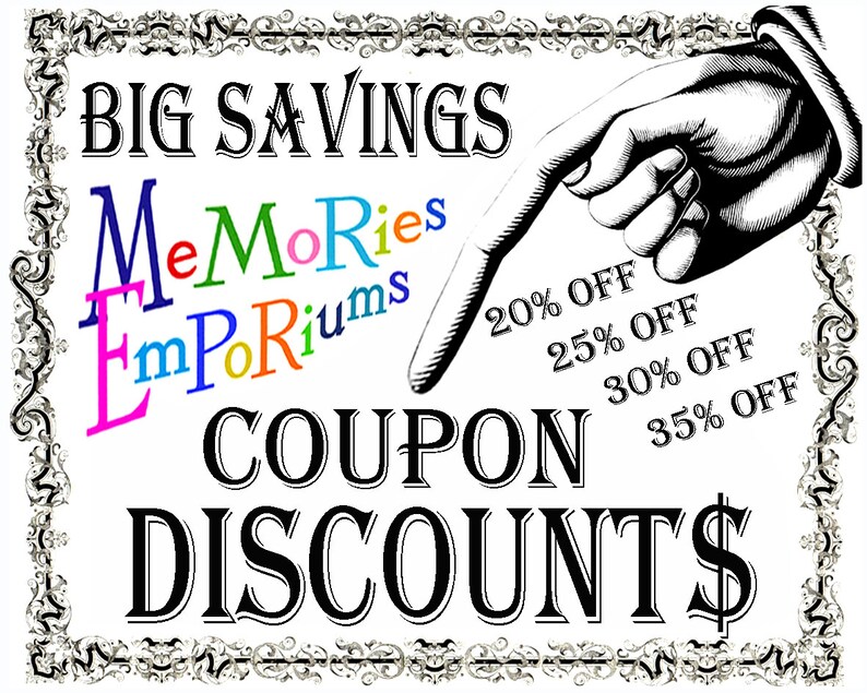 May include: A black and white illustration of a hand pointing to a coupon with the text "BIG SAVINGS" and "COUPON DISCOUNTS$". The coupon offers discounts of 20%, 25%, 30%, and 35% off.