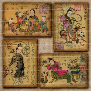 Chinese Postcards Asian Oriental Fantasy Chine Antique Postage Stamps Postmarks Decoupage for Journal Craft Digital Collage Sheet 491