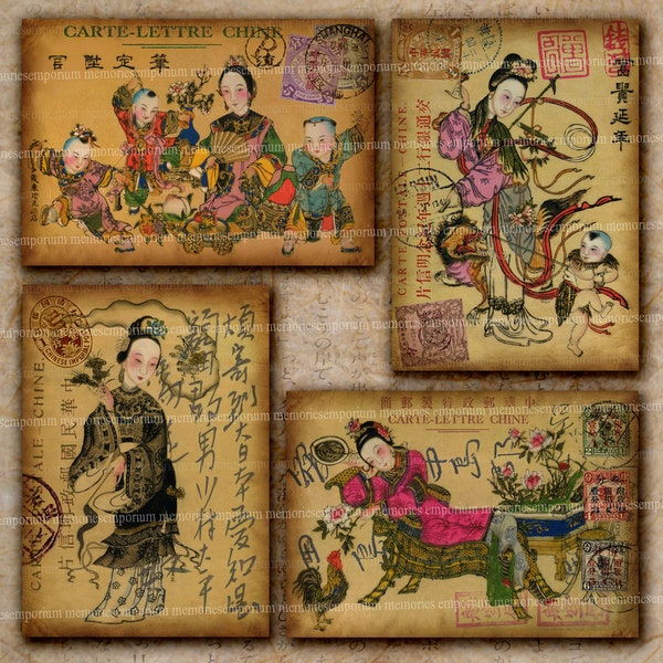 Chinese Postcards Asian Oriental Fantasy Chine Antique Postage Stamps Postmarks Decoupage for Journal Craft Digital Collage Sheet 491