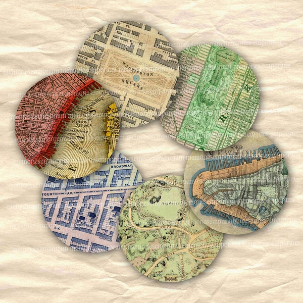 New York Street Maps Antique Circles for DIY NY Jewelry Magnets Buttons Pendants Shabby Chic NYC Digital Collage Sheet Download 578