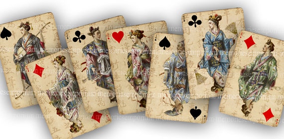 Asian Playing Cards Oriental Japanese Digital Paper Printable Download  Decoupage Antique Clipart Playing Card Deck Games Royals ATC ACEO 723 
