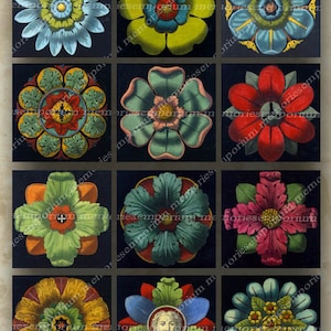 May include: A set of twelve vintage floral designs, each with a unique color scheme and intricate details. The designs are circular and feature stylized flowers with multiple layers of petals. The colors include red, green, blue, yellow, and white.