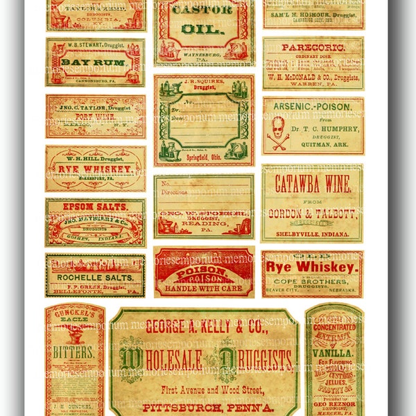 Antique Medicine Labels Drug Store Printable Download Halloween Old Druggist Pharmacy Drugstore Spooky Poison Vintage Apothecary Props 459