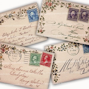 Sobres antiguos americanos de tamaño postal antiguo con bordes florales, estilo shabby chic, sellos de EE. UU., escritura a mano para decoupage, diarios y fondos 596