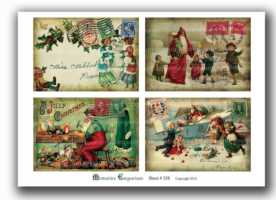 Christmas Postcards Antique Printable Download Holiday Collage Sheet Father Santa Claus DIY Card Tags Old Shabby Chic Decoupage Ephemera 358