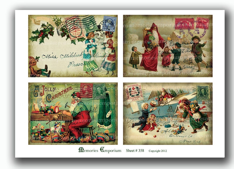 May include: A vintage Christmas collage featuring four images. The top left image shows a vintage postcard with a Christmas message and stamps. The top right image shows Santa Claus with children. The bottom left image shows Santa Claus making toys. The bottom right image shows children playing in the snow with a plane.