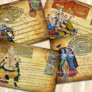 Indische Postkarten Fantasy digitale Collage Blatt Elefant Götter Elefanten antike asiatische Briefmarken Shabby Chic Hintergründe Decoupage 568