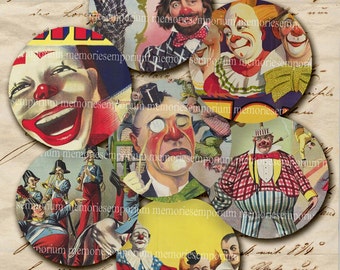 Circus Clown Circles Funny Face One Inch Pendants Bezels Inchies Jewelry Magnets Buttons Bottlecap Bottle Cap Top Digital Collage Sheet 204