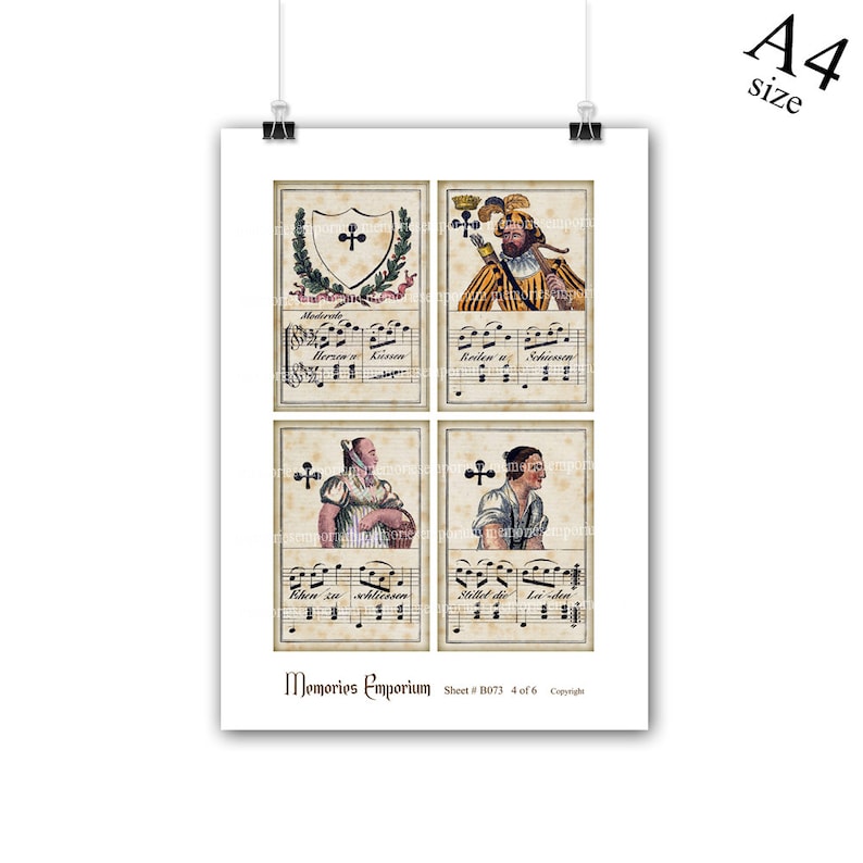 Puede incluir: Una hoja vintage de cuatro tarjetas ilustradas con notas musicales y texto en alem&aacute;n. Las tarjetas muestran un escudo de armas, un hombre con un traje amarillo y rojo, una mujer sosteniendo una cesta y un hombre con barba. El texto en la hoja dice "Memories Emporium Sheet #B073 4 of 6 Copyright".