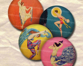 Art Deco French Dancers Decoupage Circles 2.5 Inches 1920s 20s Twenties Dance Showgirls Ballet Cabaret Digital Collage Sheet Download 096