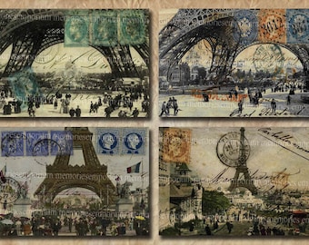 Shabby Chic Eiffel Tower Postcards French Antique Paris Decoupage Digital Collage Sheet Printable Instant Download 124