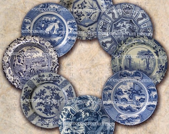Blue and White China Plates One Inch Circles Inchies Jewelry Pendant Bezels Bottle Caps Buttons Magnets Digital Collage Sheet Download 183
