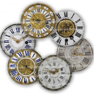 Puede incluir: Seis caras de reloj antiguas con números romanos, detalles dorados y azules. Las caras de los relojes están dispuestas en círculo, con el centro del círculo vacío.