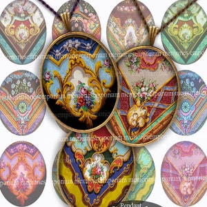 May include: A collection of 12 round, colorful, vintage-style pendant samples with ornate gold designs and floral accents. The pendants are displayed on a white background with the text "Pendant Samples Not For Sale".
