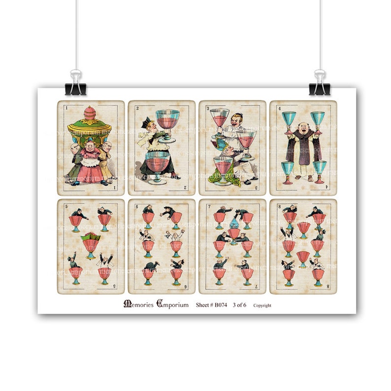 May include: A vintage sheet of 9 playing cards featuring illustrations of people balancing glasses of wine. The cards are numbered 1 through 9. The text "Memories Emporium Sheet # B074 3 of 6 Copyright" is at the bottom of the sheet.