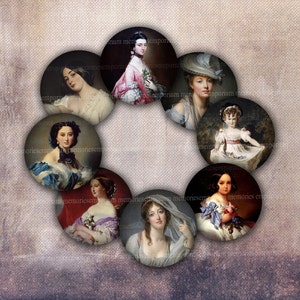 May include: Nine round, framed portraits of women in various poses and clothing. The portraits are set against a textured, beige background.