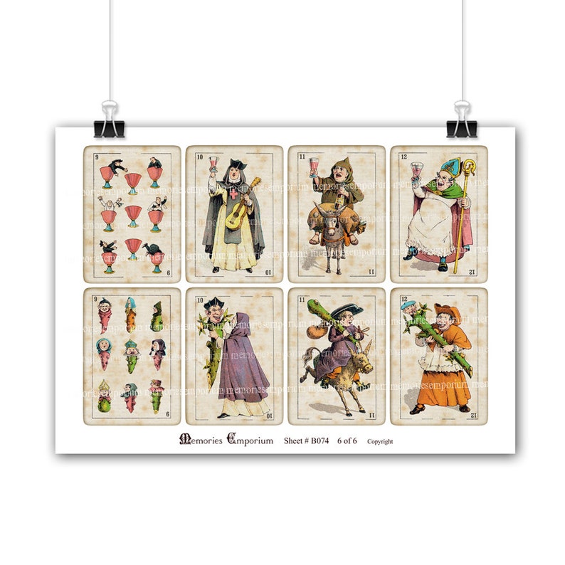 May include: A vintage sheet of playing cards featuring illustrations of people in various costumes. The cards are numbered 10, 11, and 12. The text "Memories Emporium Sheet #B074 6 of 6 Copyright" is printed at the bottom of the sheet.