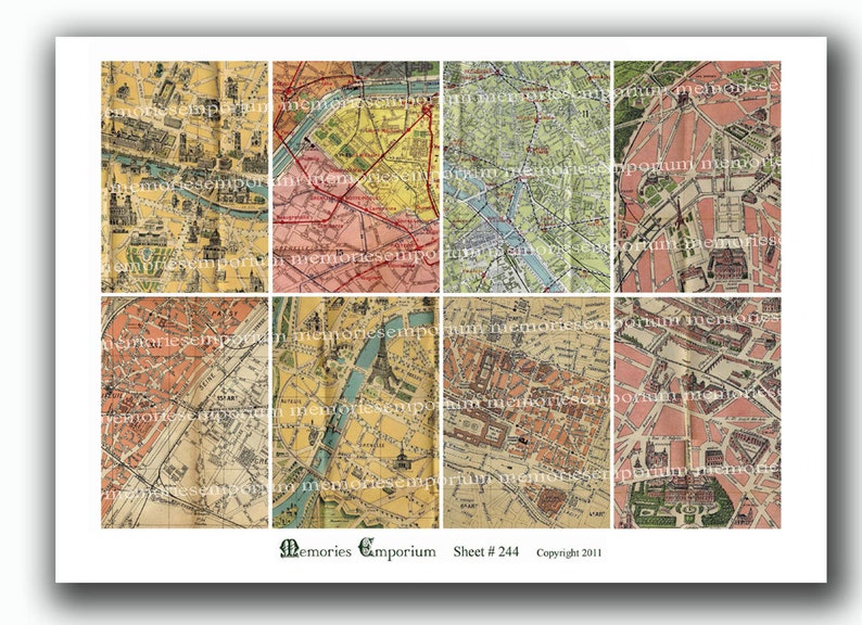 Paris Street Maps Shabby Chic ATC ACEO Decoupage Journal Backgrounds French Tourist Digital Collage Sheet Download 244