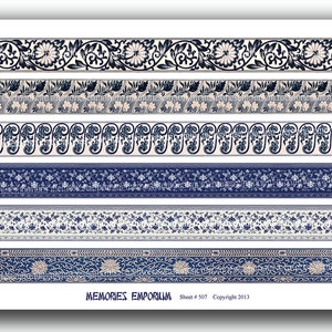 Bordi cinesi blu e bianchi strisce di collage digitale asiatico Motivo artistico floreale orientale per decoupage cornici di carta bordi Chinois 507