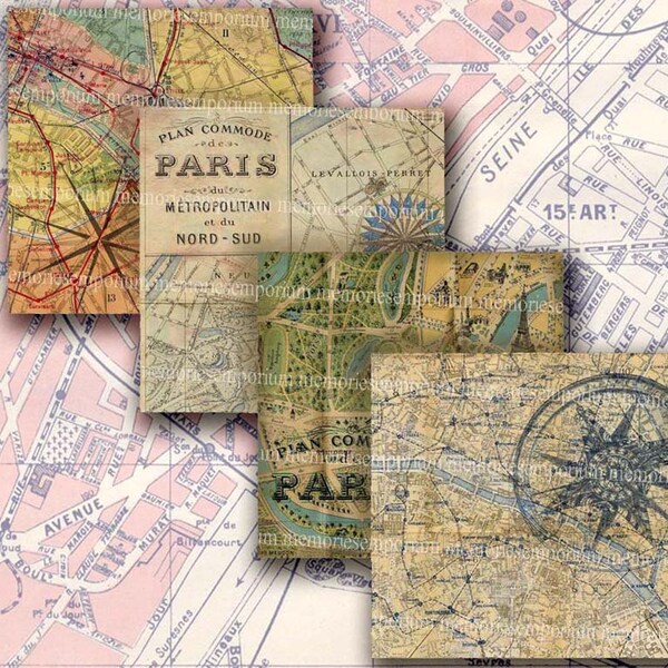 Shabby Chic Paris Maps Squares Vintage Tourist Street Maps Decoupage Digital Collage Sheet Download 189